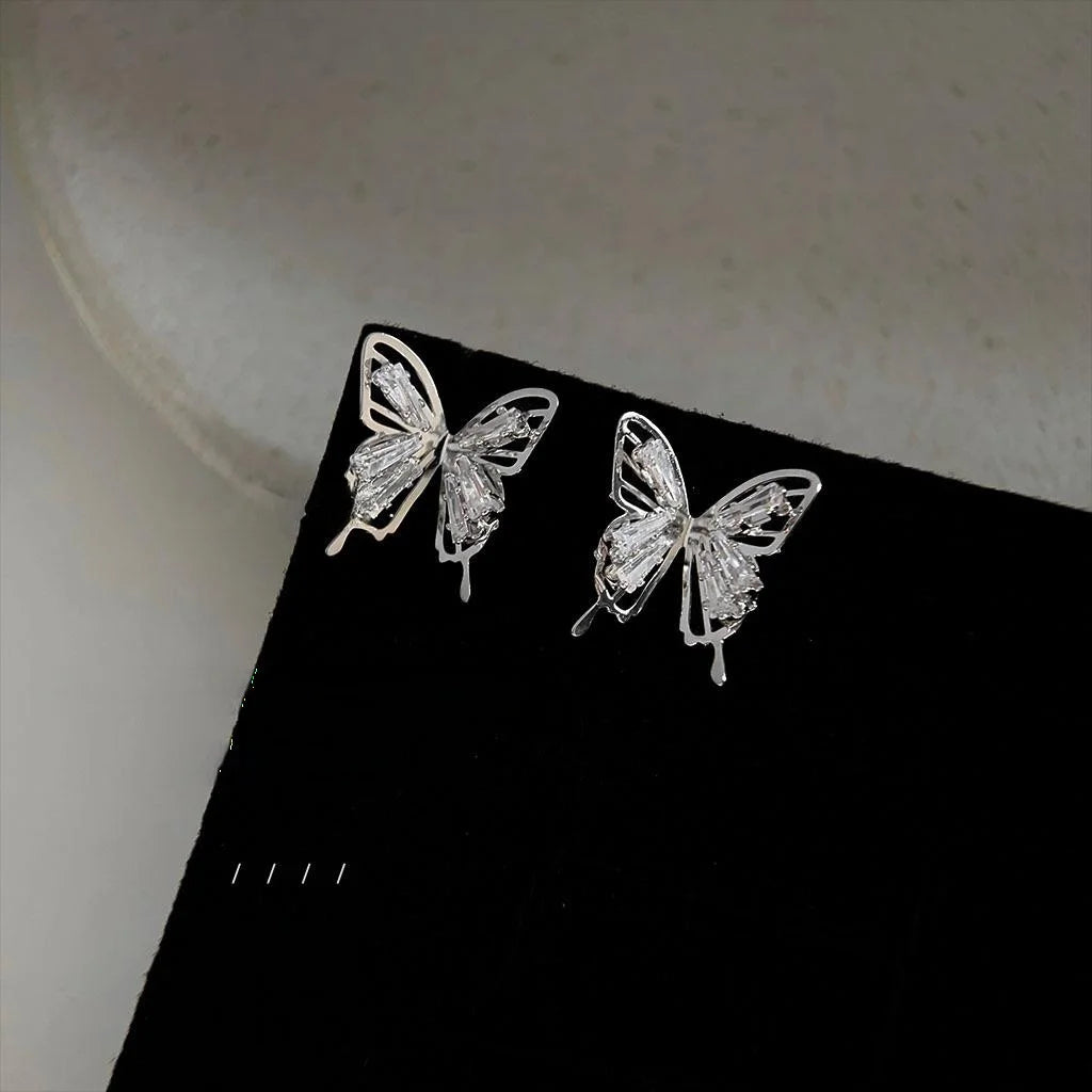 Elegant High-End Copper Zircon Butterfly Silver Plated Drop Earrings For Women
