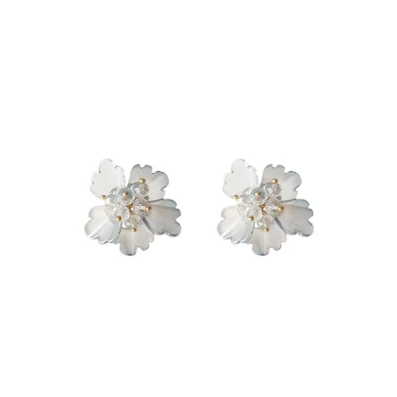 Handmade Glass Liuli Flower Stud Earrings Silver Plated Pin Fairy Forest Style