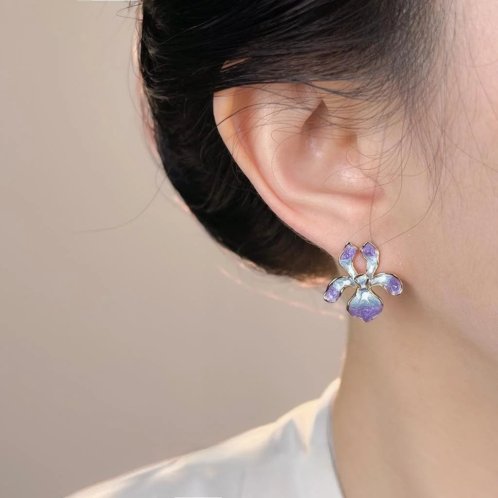Gold Plated Copper Iris Flower Drop Earrings Hand Painted Enamel Gradient Floral Pastoral Jewelry