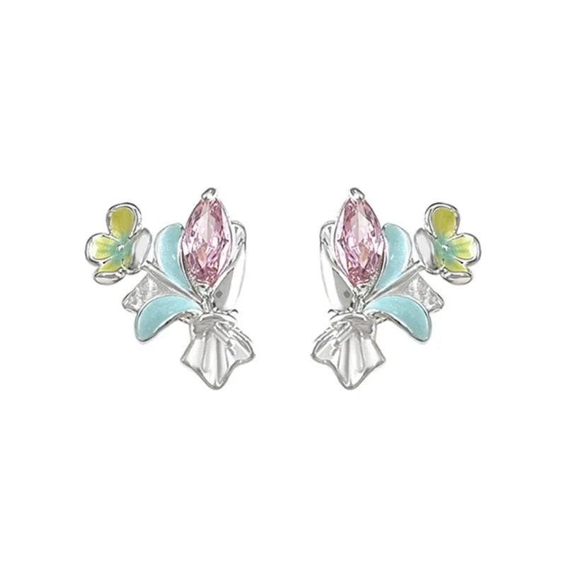 Designer Copper Zircon Micro Pave Enamel Bouquet Flower Stud Earrings Fresh Sweet Jewelry