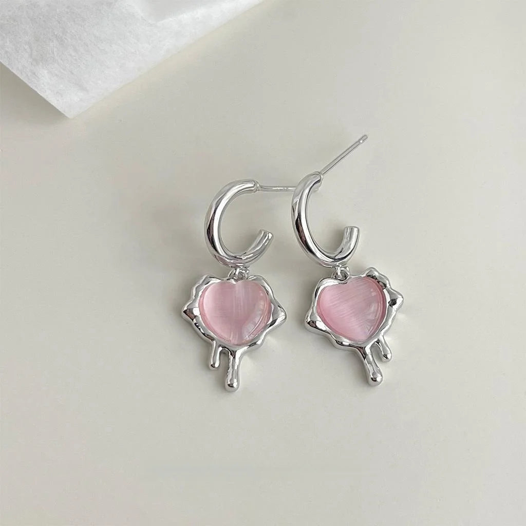 Sweet Cool Heart Glass Cat Eye Stone Copper Drop Earrings Designer Style