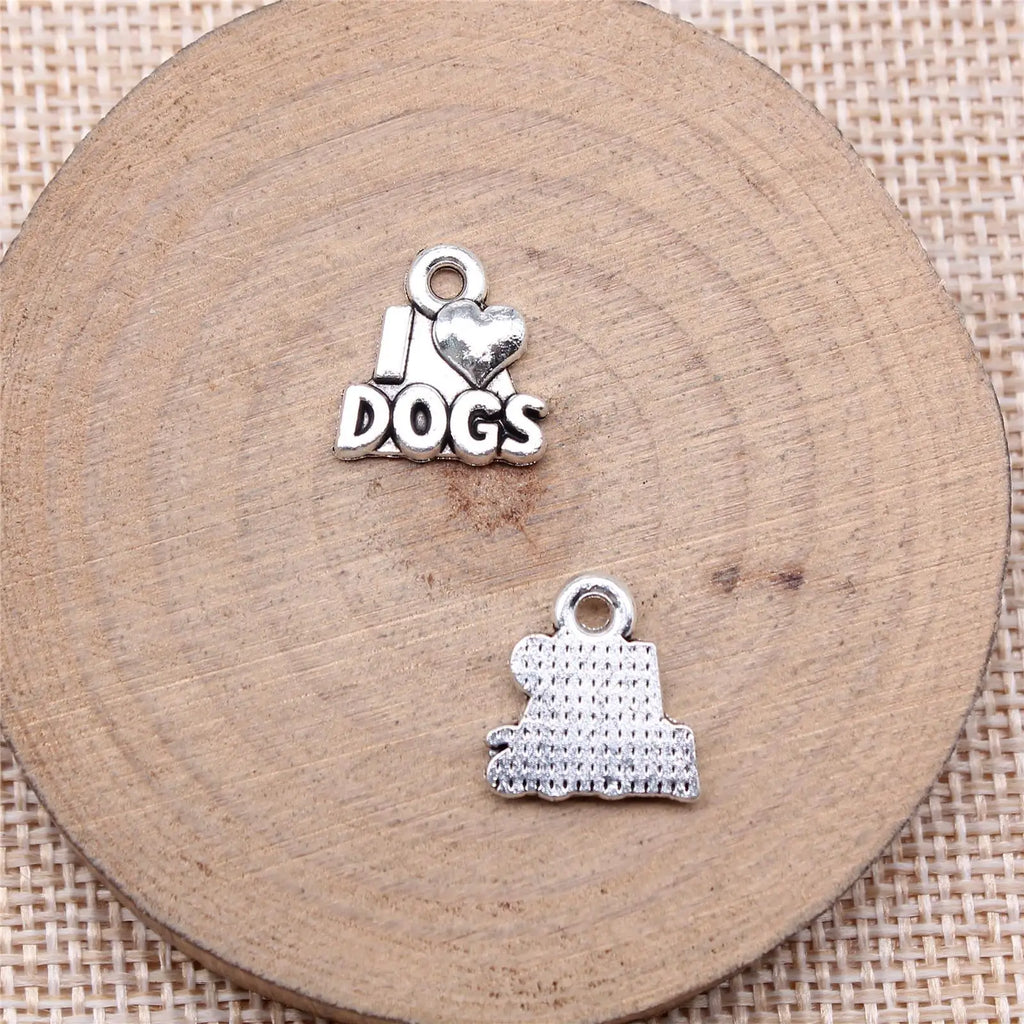 13x13mm 1.3g Antique Silver Zinc Alloy I Love DOGS Quote Charm Pendant for DIY Pet Theme Jewelry