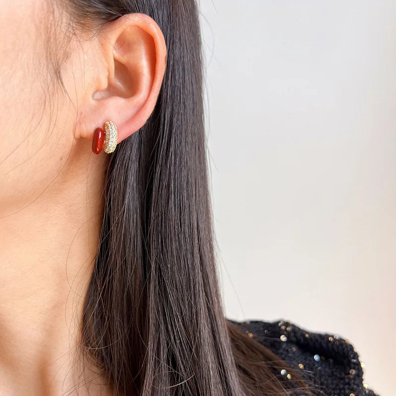Elegant Red Enamel Bean Hoop Zircon Stud & Clip On No Piercing Luxury Alloy Half Circle Earrings