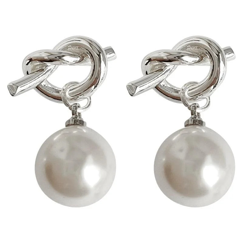 Luxury Minimalist Gray Pearl Knot Copper Drop Earrings Geometric Hoop Style