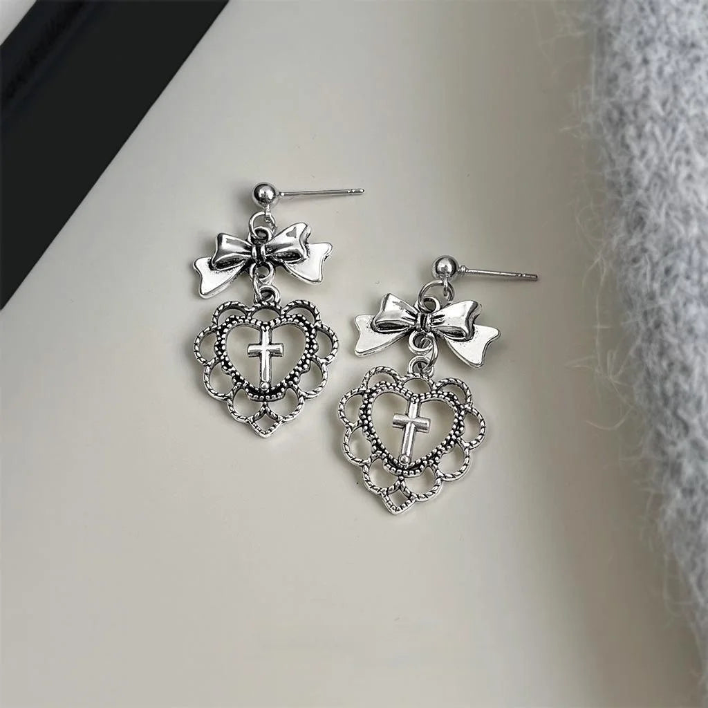 Sweet Cool Lolita Heart Bow Cross Drop Earrings, Antique Black Geometric Design