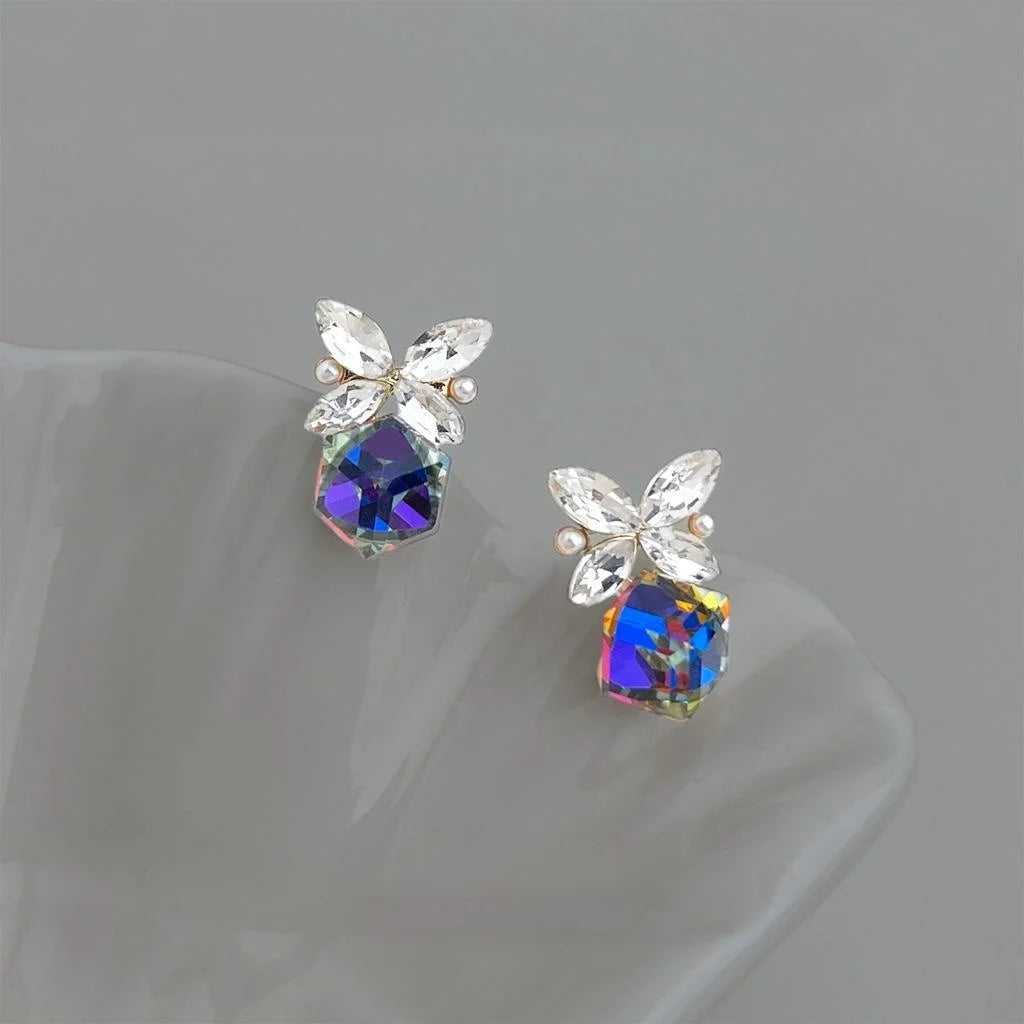 French Light Luxury Colorful 3D Glass Crystal Butterfly Stud Earrings Eco Copper Elegant Jewelry