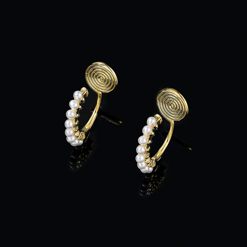 Elegant Gold Alloy Spiral Disc Hoop Pearl Stud & Clip On No Piercing Minimalist Ear Cuff Earrings