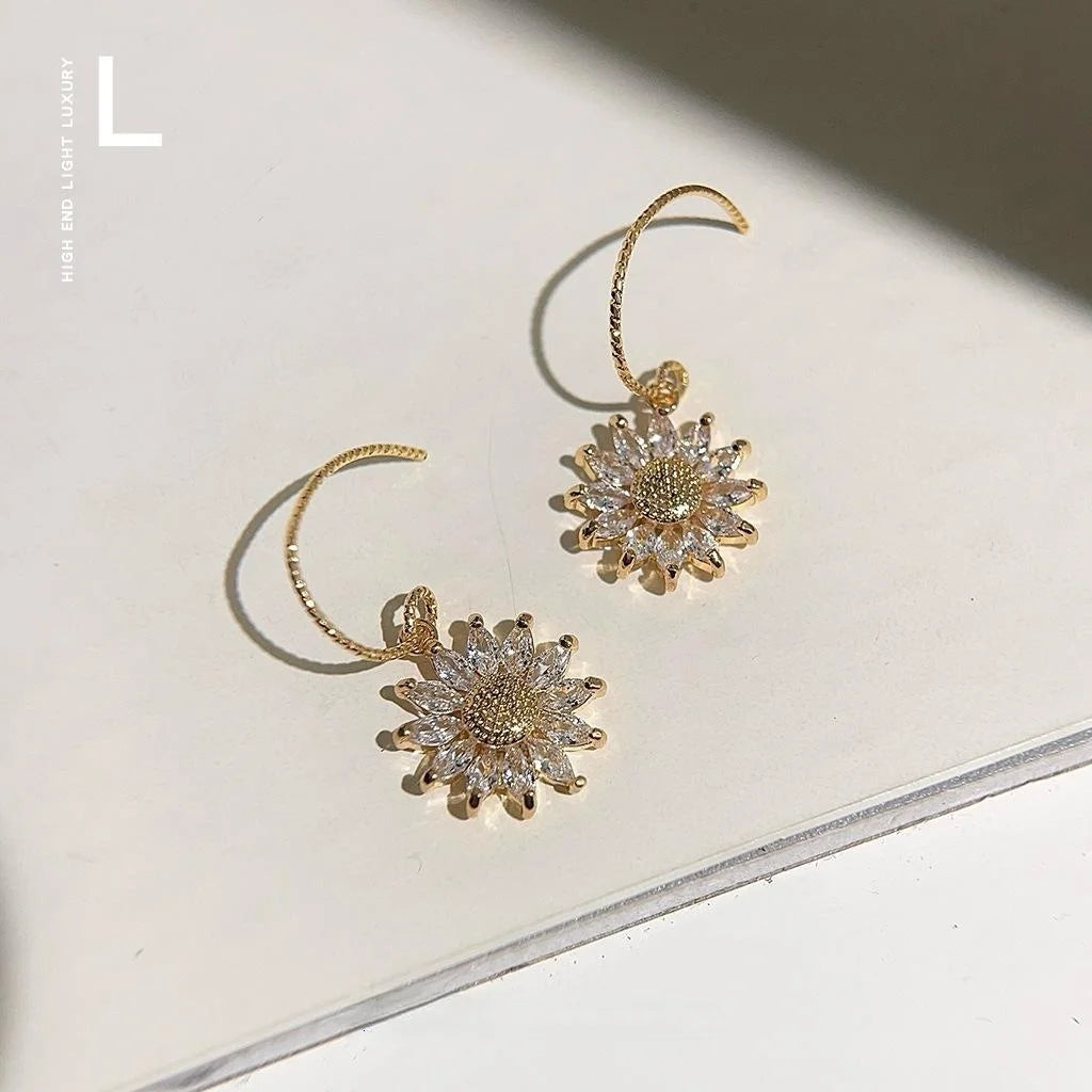 French Vintage 14K Plated Zircon Sunflower Flower Drop Earrings for Women
