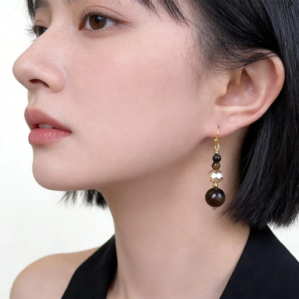 Handmade Chinese Style Tiger Eye Glass Crystal Round Geometric Tassel Drop Earrings