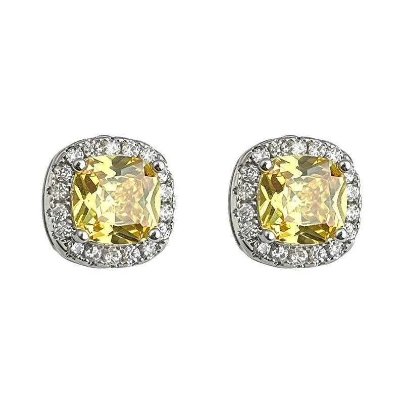 Minimalist Light Luxury Geometric Sugar Cube Yellow Zircon Crystal Copper Stud Earrings