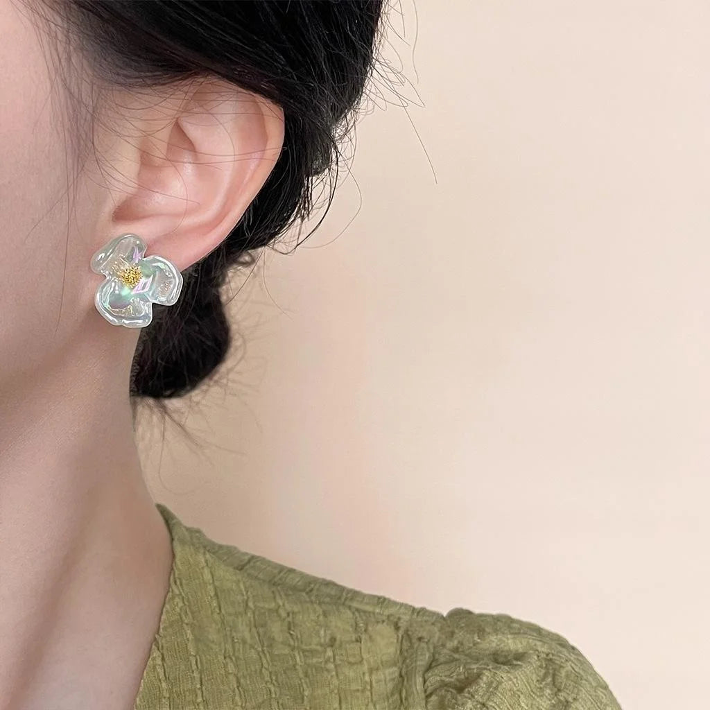Sweet Iridescent Resin Iris Flower Stud Earrings Gradient Holographic AB Floral Jewelry