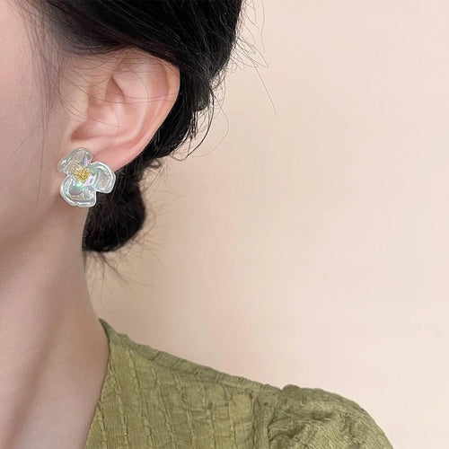 Sweet Iridescent Resin Iris Flower Stud Earrings Gradient Holographic AB Floral Jewelry
