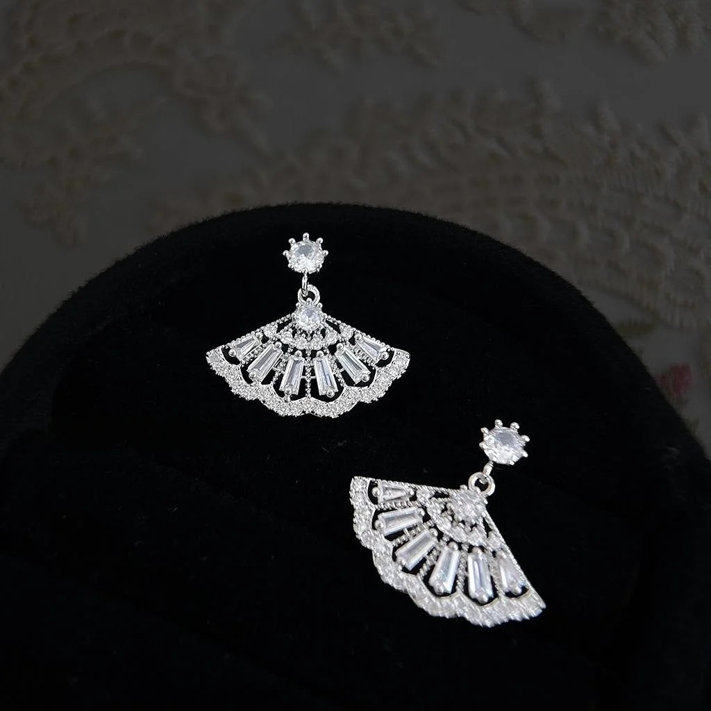 Light Luxury Eco-Friendly Copper Zircon Fan Geometric New Chinese Style Drop Earrings
