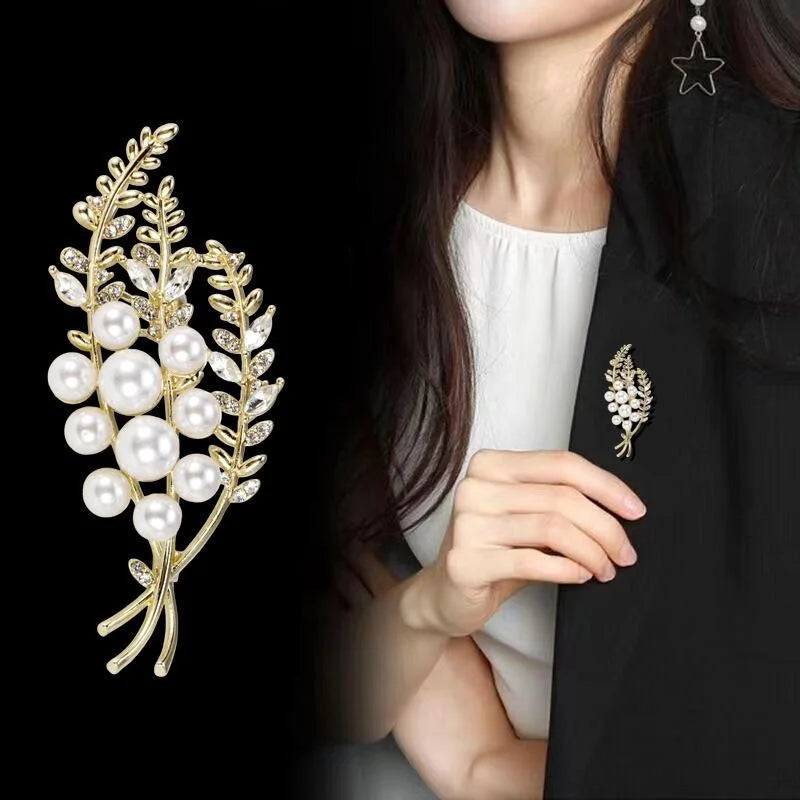 Elegant Wheat Ear Pearl Rhinestone Brooch Gold Tone Alloy Plant Lapel Pin Corsage Suit Accessory Gift
