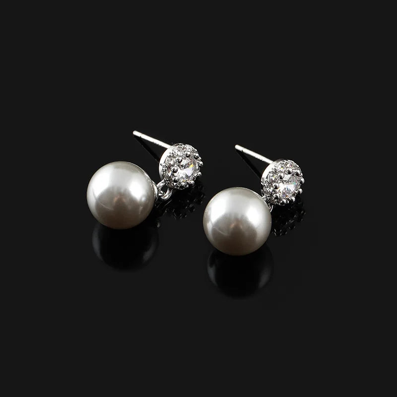 Elegant Silver Gray Pearl Drop With Rhinestone Halo Alloy Stud & Clip On No Piercing Bridal Earrings