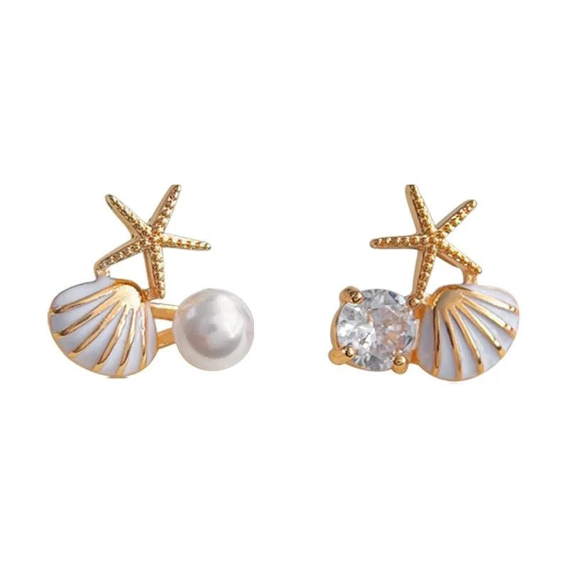14K Plated Copper Micro Pave Zircon Asymmetric Starfish Stud Earrings, Niche Shell Design