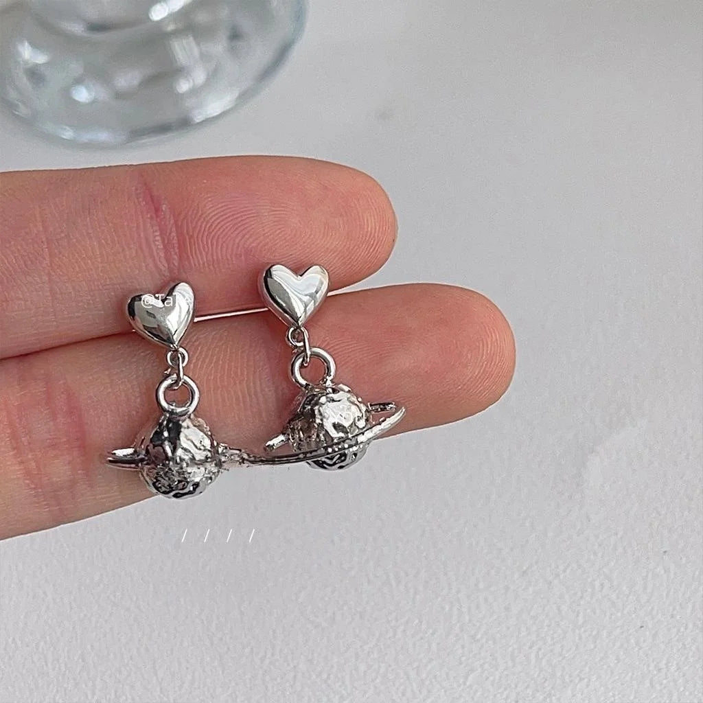 Sweet Cool Silver Tone Metal Planet Geometric Stud Earrings Style Minimalist Ear Jewelry