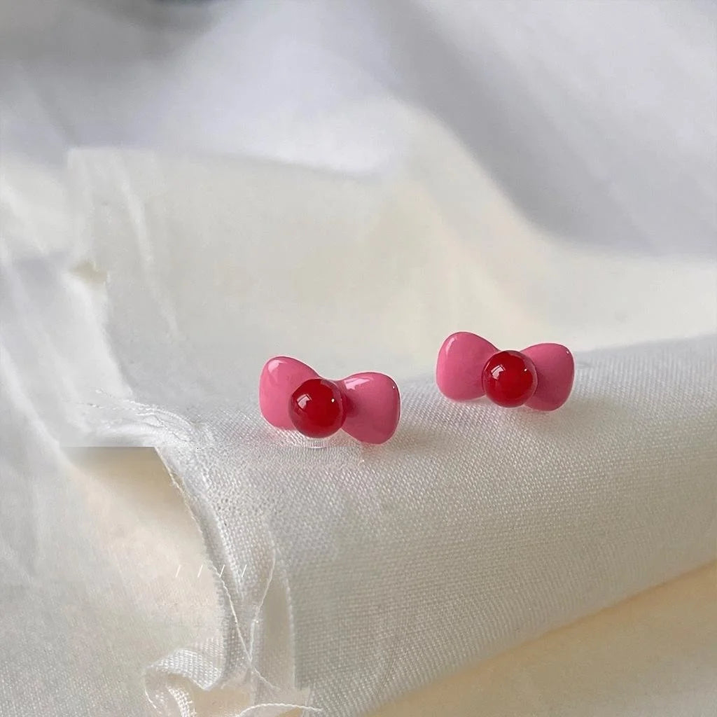 Cute Pink Enamel Bow Stud Earrings Silver Plated Pin Metal Sweet Jewelry