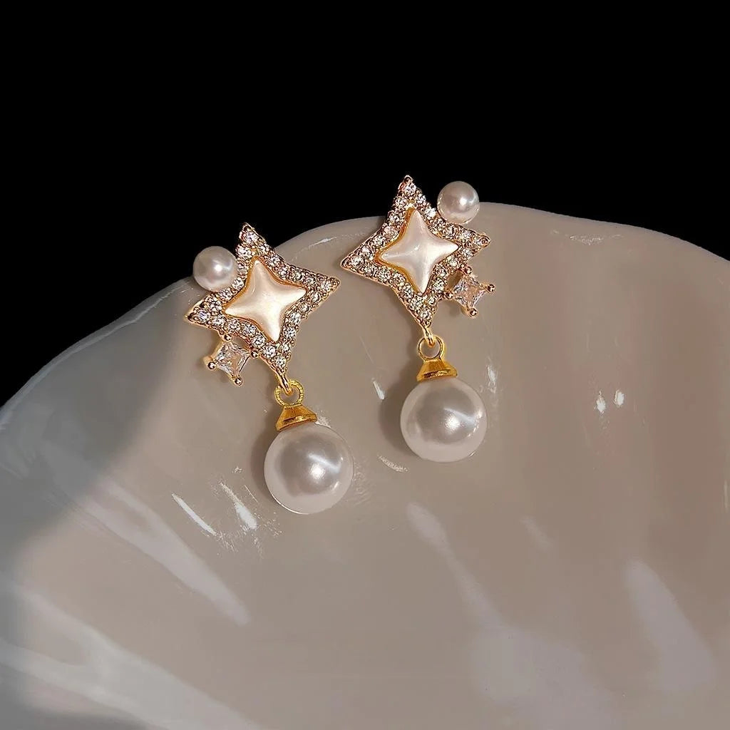 Light Luxury Copper Real Shell Zircon Pearl Tassel Starburst Drop Earrings For Women