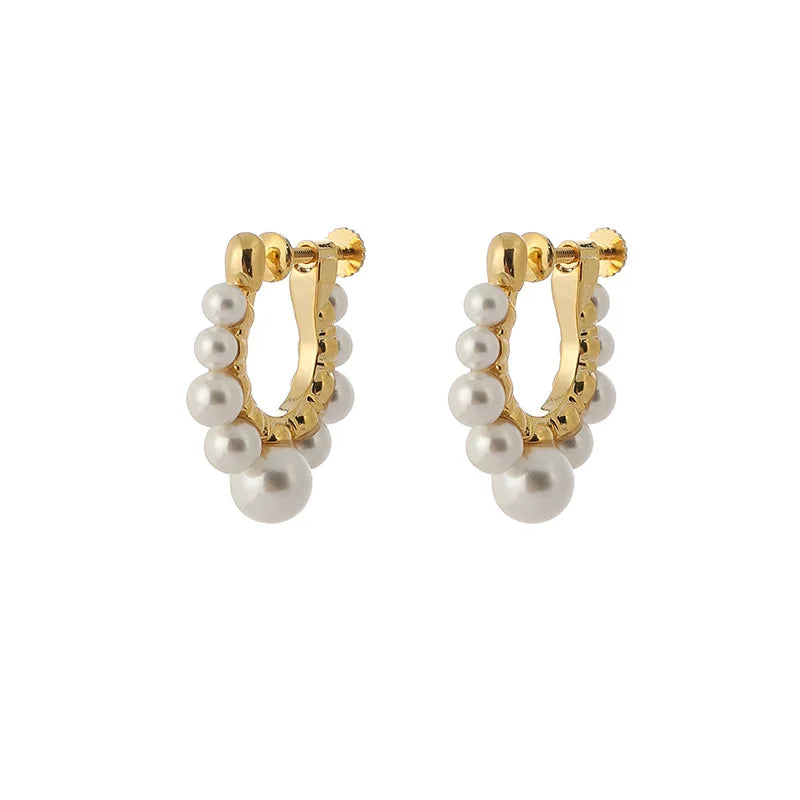 Elegant Gold Alloy Faux Pearl Hoop Stud & Clip On No Piercing Commuter Round Circle Earrings