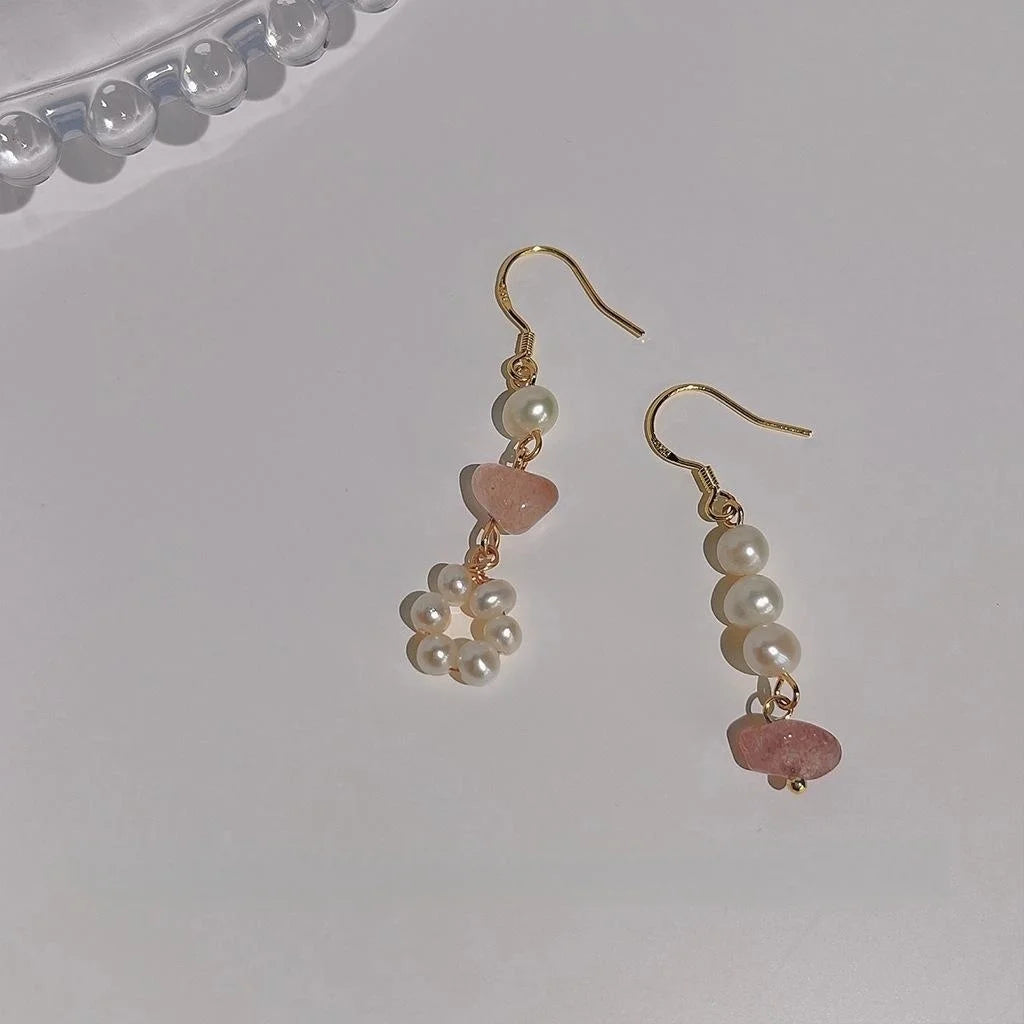 Handmade Freshwater Pearl Strawberry Quartz Geometric Asymmetric Pastoral Drop Earrings