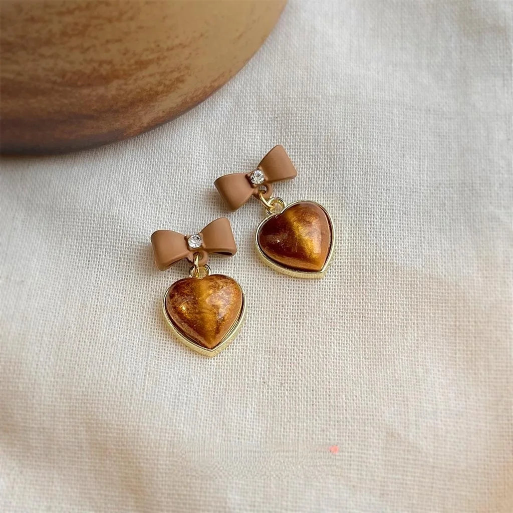 Maillard Brown Earth Tone Bow Heart Tassel Drop Earrings With Resin Rhinestone Copper Enamel