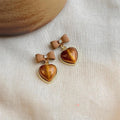 Maillard Brown Earth Tone Bow Heart Tassel Drop Earrings With Resin Rhinestone Copper Enamel