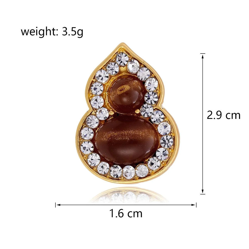 Vintage Gourd Brooch With Rhinestone And Brown Enamel, Luxury Gold Alloy Lapel Pin Suit Accessory Gift