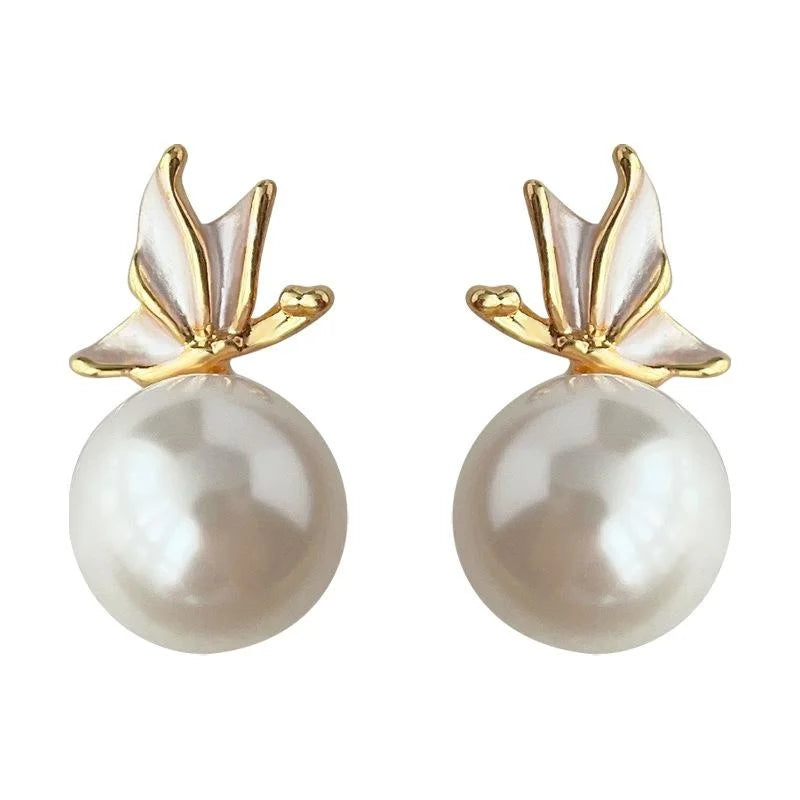 Copper Glass Pearl Butterfly Stud Earrings Forest Fairy Sweet Elegant Jewelry For Women