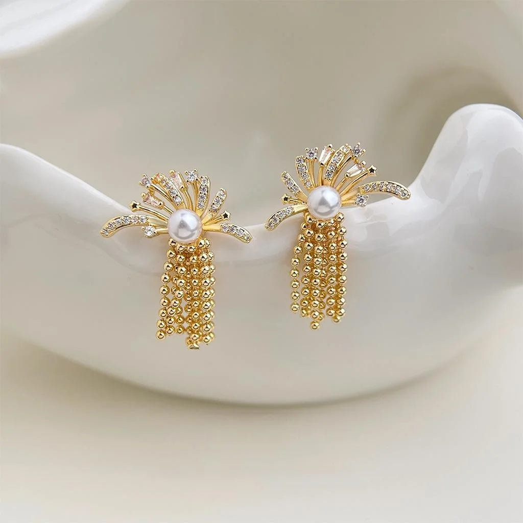 Old Money Micro Pave Zircon Firework Tassel Drop Earrings With Pearl