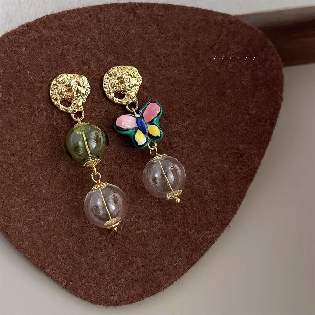 Original Designer Asymmetric Glass Bubble Ball Ceramic Butterfly Copper Drop Earrings