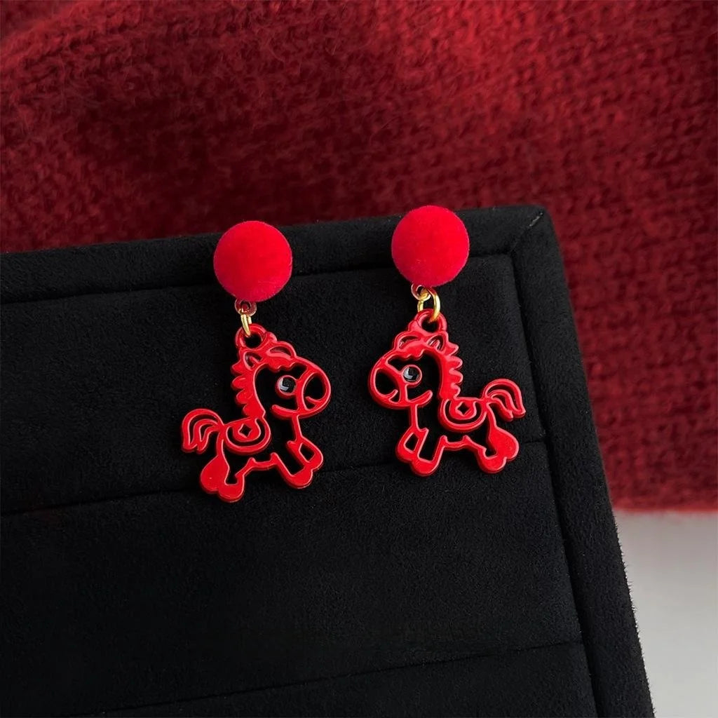 Chinese Style Red Horse Drop Earrings Enamel Flocked Paper Cut Zodiac Jewelry