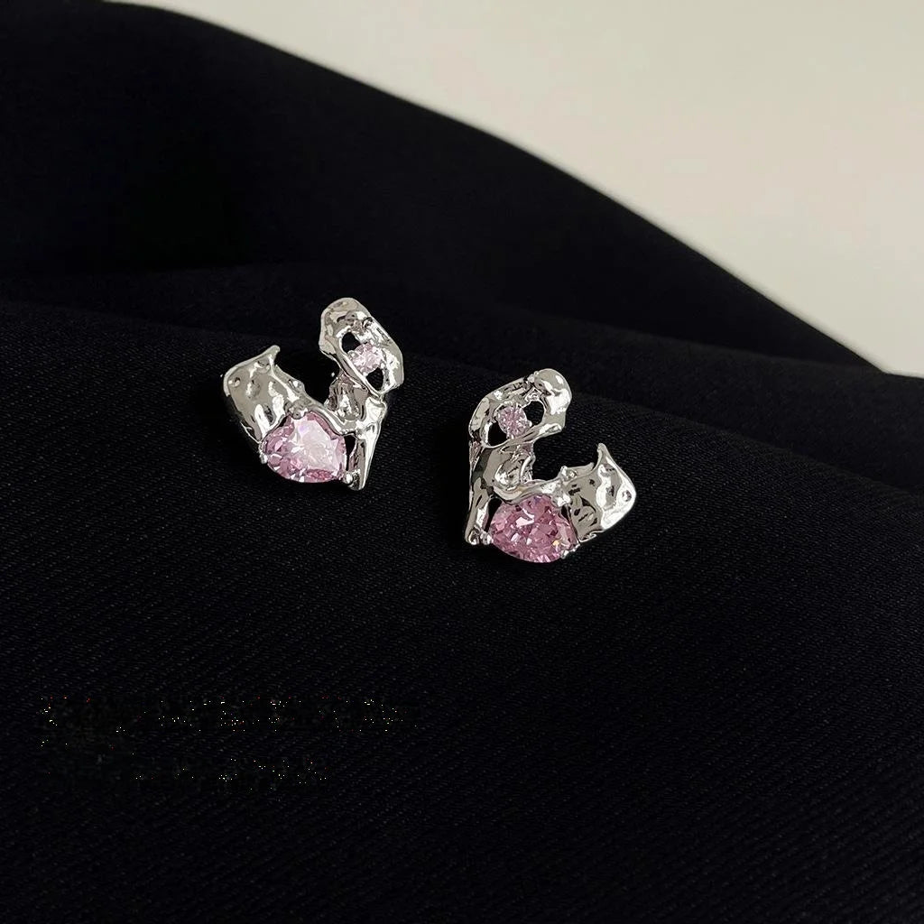 Sweet Cool Liquid Heart Micro Pave Zircon Copper Stud Earrings