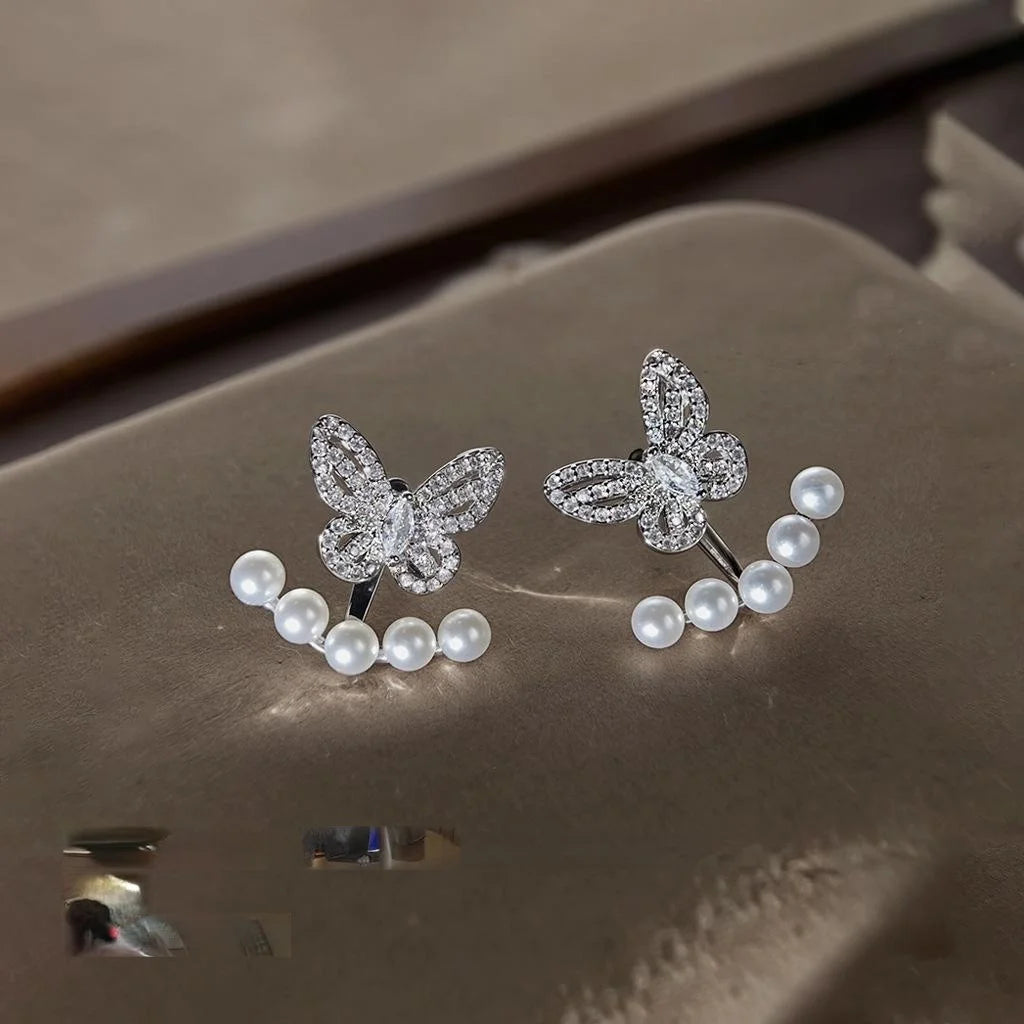 Two Way Butterfly Pearl Drop Earrings With Micro Pave Zircon Copper Sweet Style