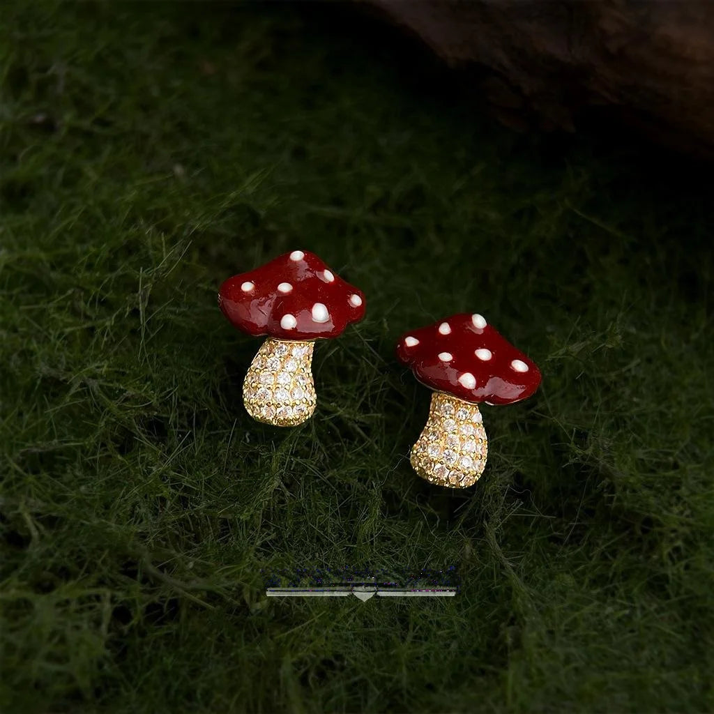 Cute Mushroom Stud Earrings Copper Zircon Micro Pave Childlike Style Gift Jewelry