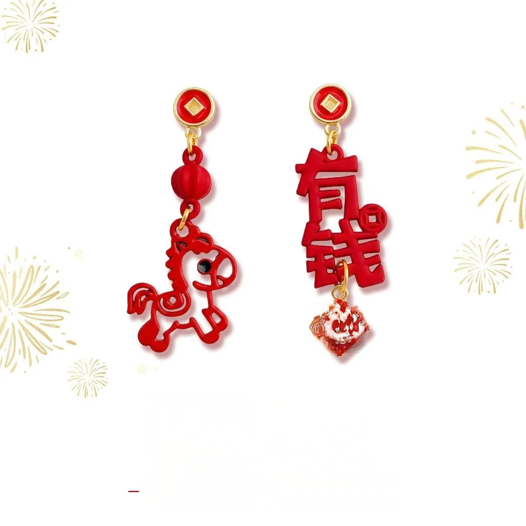 Guochao New Chinese Enamel Lacquer Paper Cut Horse Asymmetric Drop Earrings