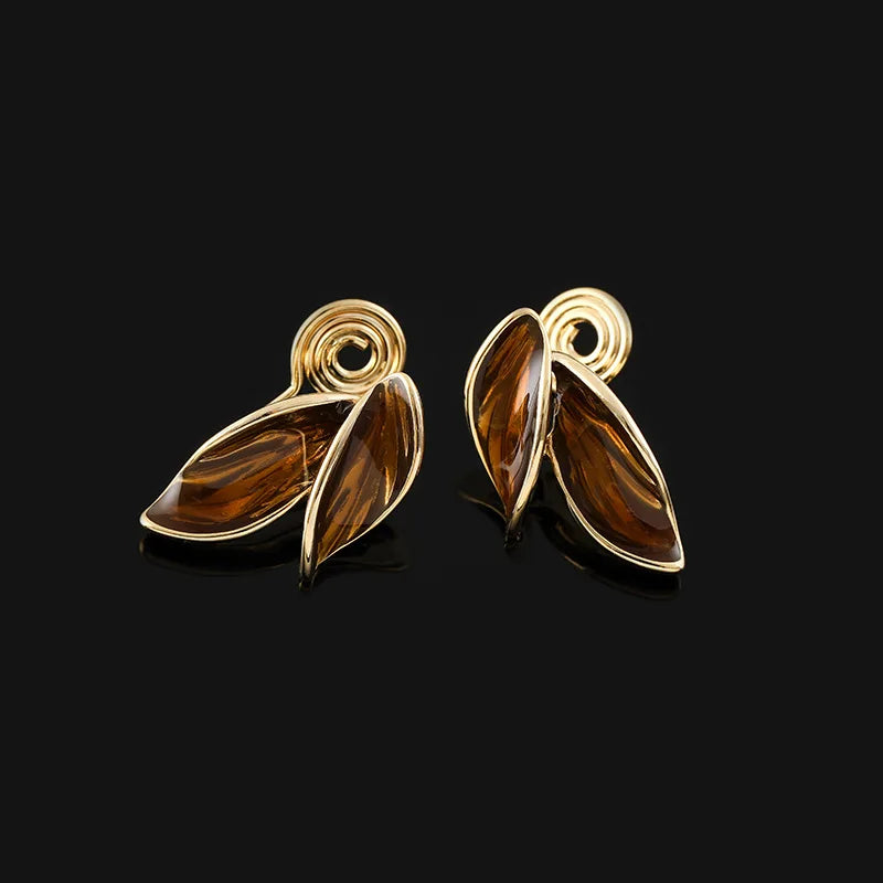 Elegant Brown Enamel Leaf Alloy Stud & Clip On No Piercing Autumn Winter Statement Earrings