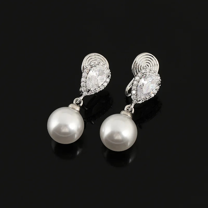 Elegant Teardrop Zircon Halo Pearl Drop Alloy Stud & Clip On No Piercing Luxury Dangle Earrings