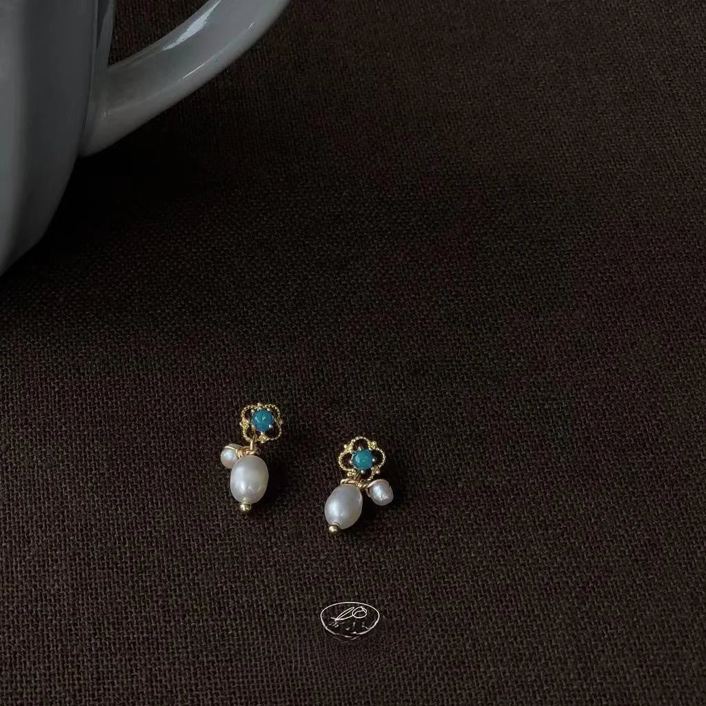 Blue Iridescent Freshwater Pearl Stud Earrings 14K Plated French Vintage Jewelry