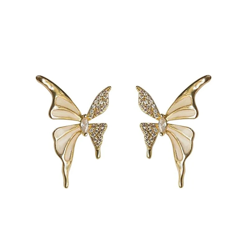 Elegant French Copper Micro Pave Zircon Liquid Butterfly Stud Earrings Light Luxury Jewelry