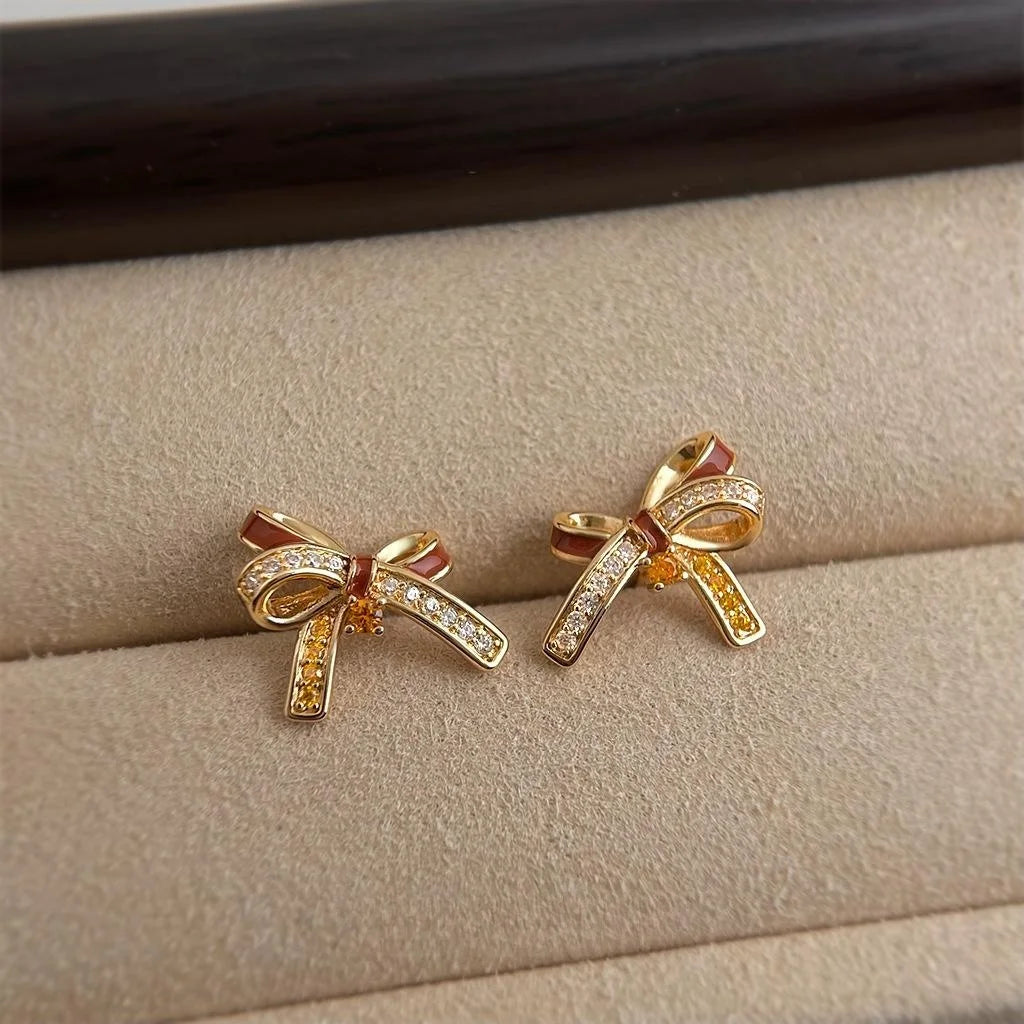 Burgundy Bowknot Micro Pave Zircon Copper Stud Earrings Elegant Fashion Jewelry
