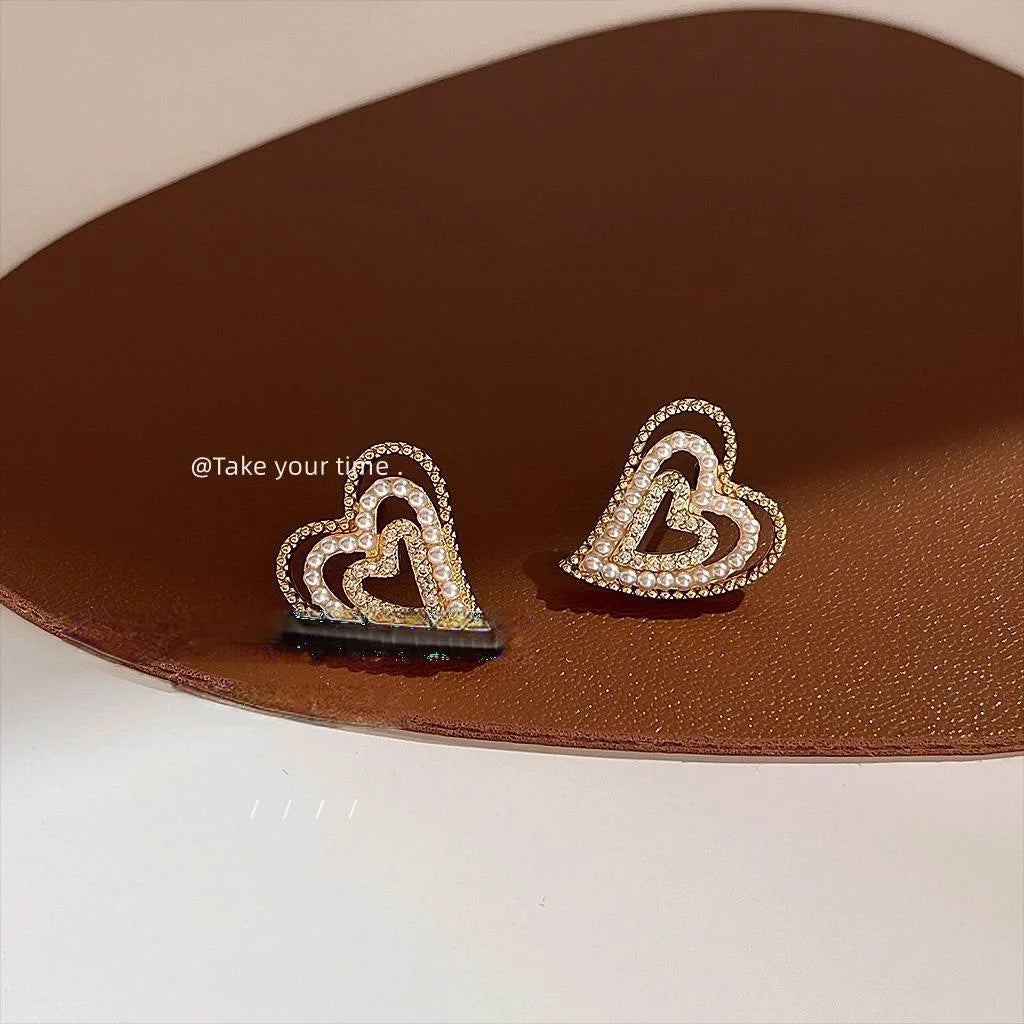 French Vintage Copper Pearl Heart Stud Earrings With Micro Pave Zircon Multi Layer Design