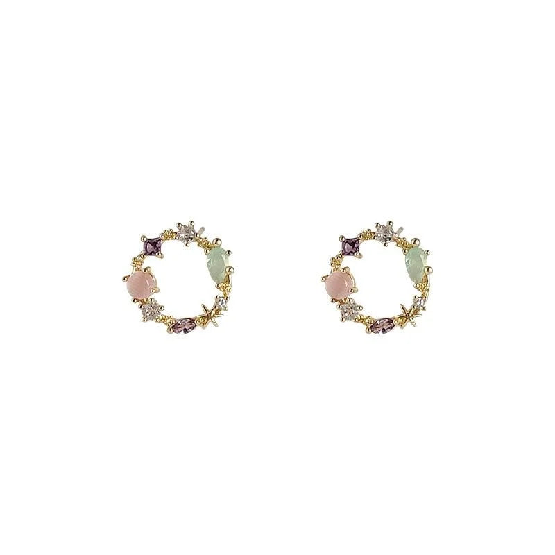 14K Plated Copper Zircon Floral Wreath Stud Earrings Colorful Forest Style Jewelry