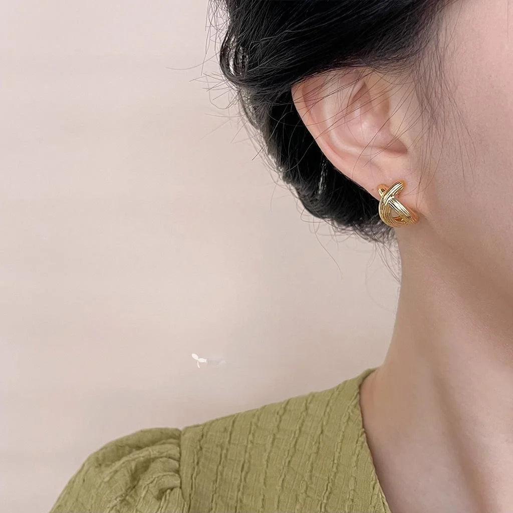 Textured Copper Geometric Cross Arc Fishtail Stud Earrings