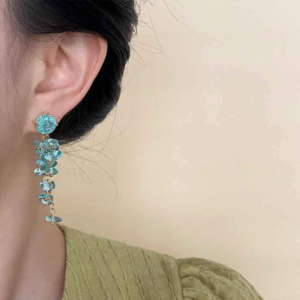 Ocean Series Handmade Long Tassel Glass Crystal Drop Earrings Geometric Resort Style Jewelry