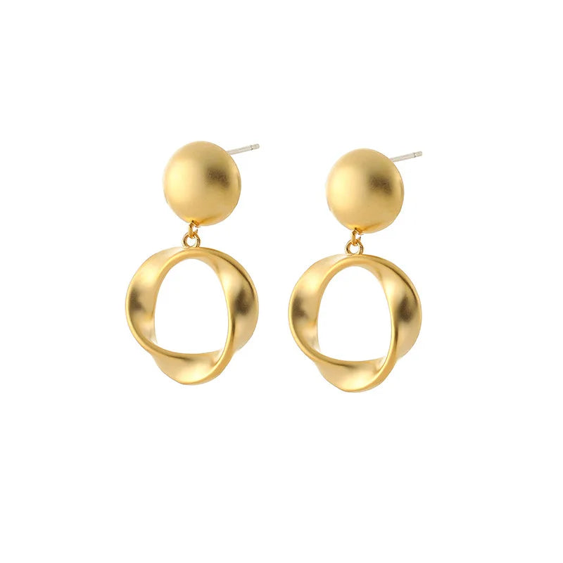 Elegant Matte Gold Alloy Twisted Circle Hoop Drop Stud & Clip On No Piercing Geometric Earrings