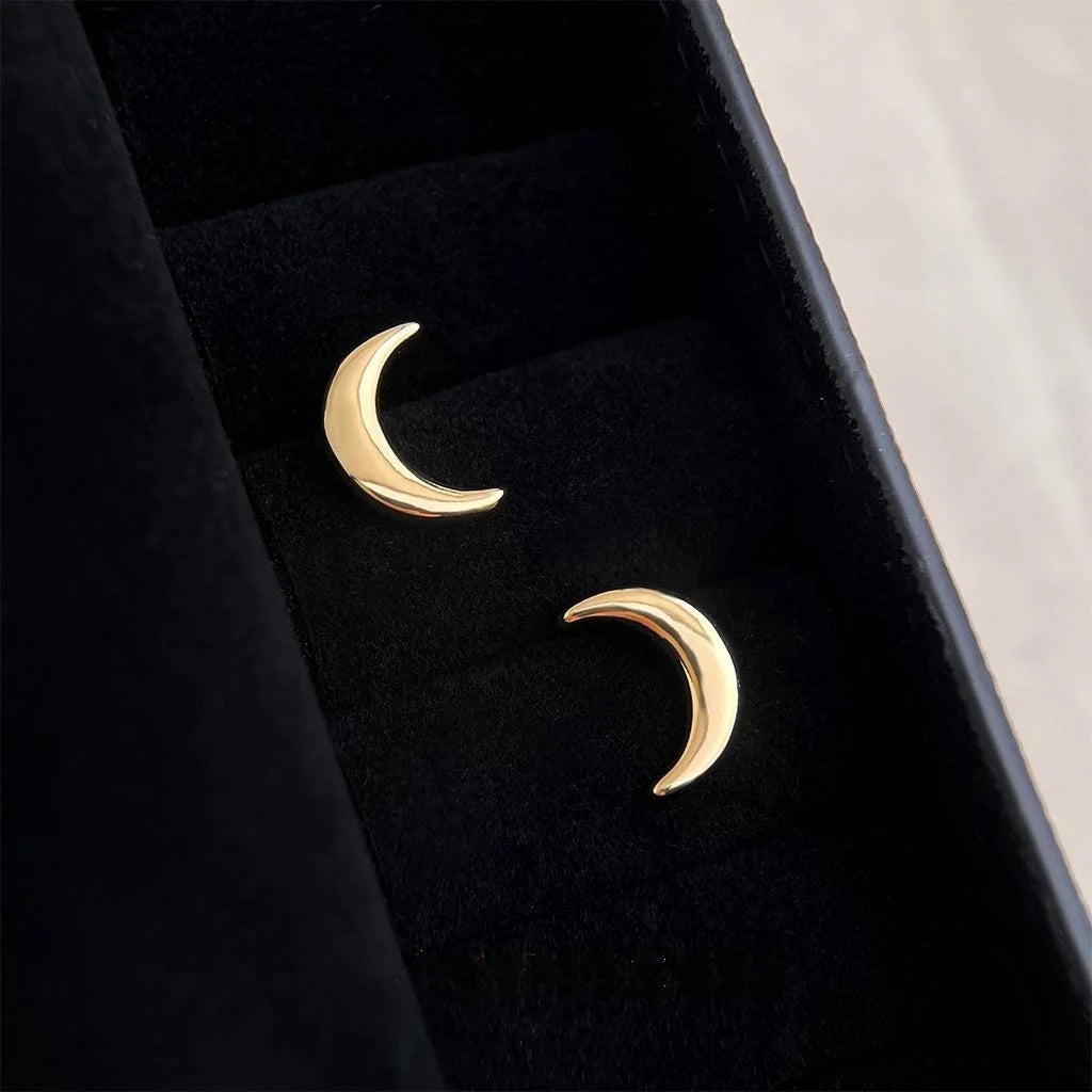 14K Gold Plated Copper Crescent Moon Stud Earrings Minimalist Commuter Jewelry