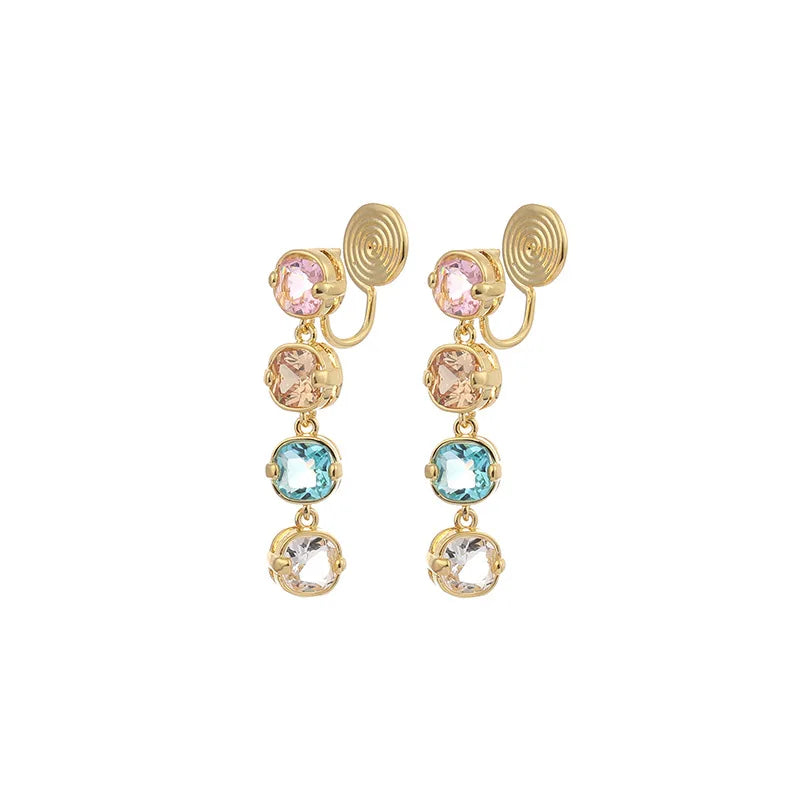 Elegant Multicolor Zircon Tassel Drop Alloy Stud & Clip On No Piercing Sweet Spiral Back Earrings