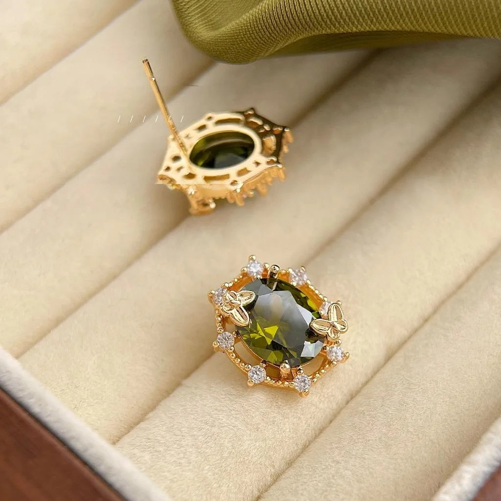 Forest Style Olive Green Zircon Butterfly Wreath 14K Plated Copper Stud Earrings