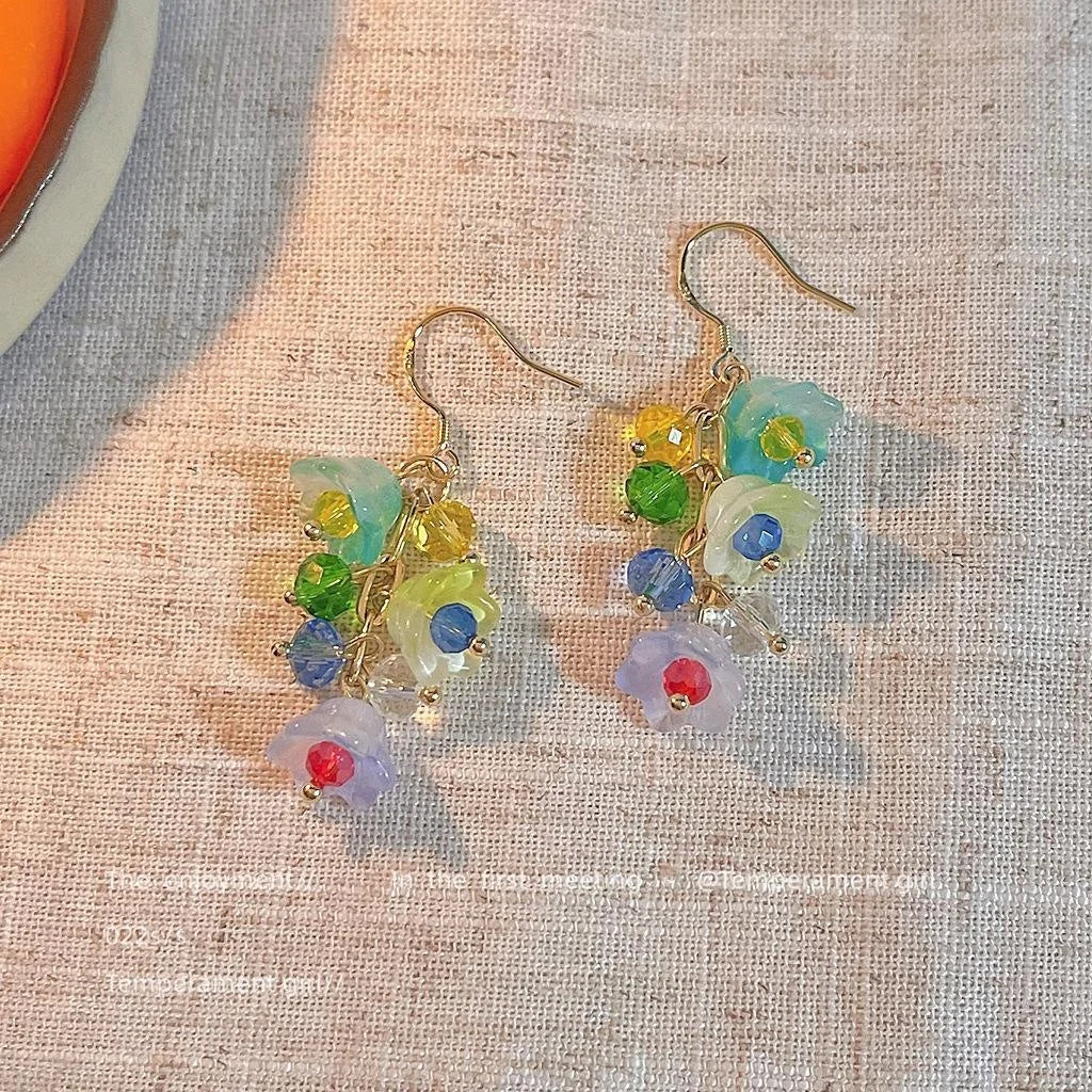 Handmade Silver Plated Glass Lily Of The Valley Tassel Drop Earrings, Pastoral Floral Style